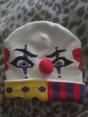 Clown Novelty Beanie Hat with Pom Nose - White, Red, Yellow, Purple